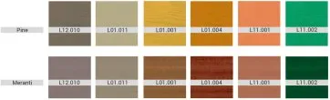 Échantillons de couleurs de bois en pin et meranti, avec codes de référence pour chaque teinte.