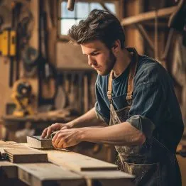 Un jeune menuisier au travail, utilisant un outil sur du bois dans un atelier chaleureux, entouré d’outils de bricolage.