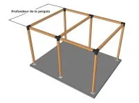 Schéma d’une pergola avec structure en bois et indications sur sa profondeur. Design simple et moderne pour espaces extérieurs.
