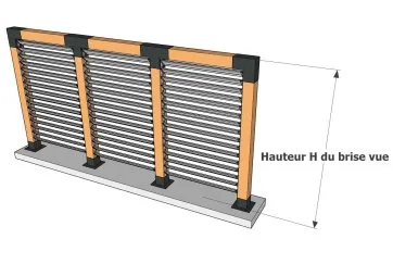 Schéma d’un brise-vue avec l’indication de sa hauteur, montrant des lattes horizontales et une structure en bois.