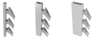 Profilé en aluminium avec des supports intégrés, utilisé pour le montage ou la fixation, présenté sous trois angles.