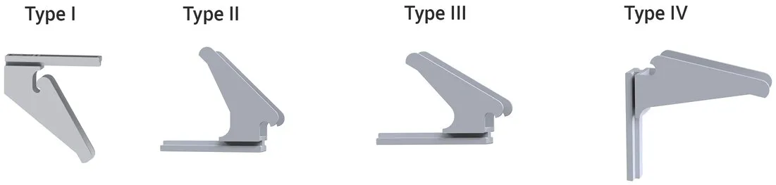 Différents types de supports (Type I, II, III et IV) présentés de manière schématique, illustrant leurs conceptions distinctes.