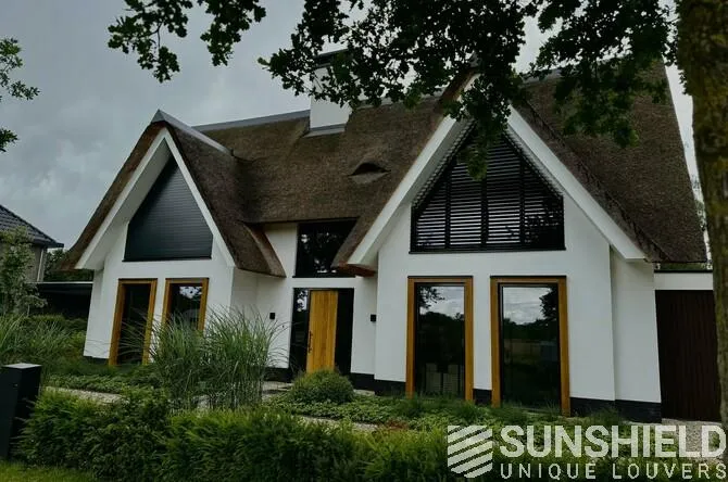 Maison moderne avec toiture en chaume, grandes fenêtres et végétation verdoyante, alliant style et design contemporain.