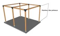 Structure en bois avec poteaux, indiquant la hauteur des poteaux, sur un plan pour la construction.