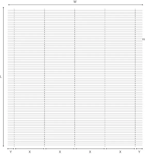 Grille de lignes horizontales sur fond blanc, avec des axes étiquetés X, Y, W et L pour la référence de dimensions.