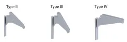 Image montrant trois types de supports en métal : Type II, Type III et Type IV, chacun avec un design distinct.