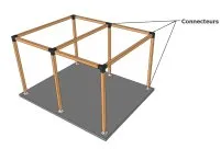 Structure en bois avec connecteurs, montrant un cadre solide sur une base, illustrant des éléments de construction.