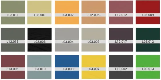 Palette de couleurs variées avec des échantillons étiquetés, idéale pour la décoration ou le design.