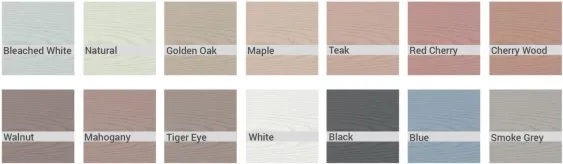 Palette de couleurs boisées avec 12 teintes, comprenant Bleached White, Golden Oak, Teak, Cherry Wood, et plus.