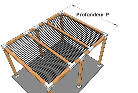 Schéma d’une structure avec des poutres en bois et des lattes, indiquant la profondeur P pour un projet de construction.