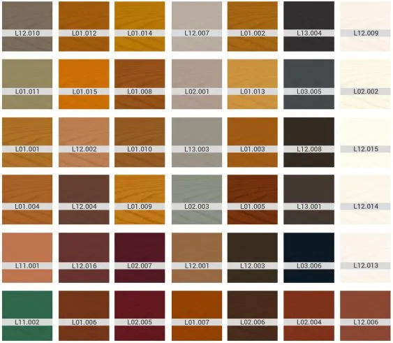 Palette de couleurs variées présentée en échantillons, incluant des tons bois, neutres et colorés avec leurs codes.