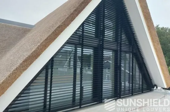 Vue d’un bâtiment moderne avec un toit en paille et de grandes fenêtres à lattes noires, offrant luminosité et design unique.