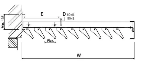 Schéma technique montrant un support avec crochets, dimensions indiquées pour une installation précise.
