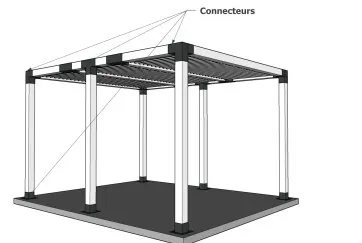Schéma d’une structure en métal avec connecteurs et colonnes, illustrant un design moderne et fonctionnel.