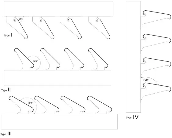 Schéma de supports d’accrochage avec différentes inclinaisons et types, illustrant les angles pour chaque modèle.