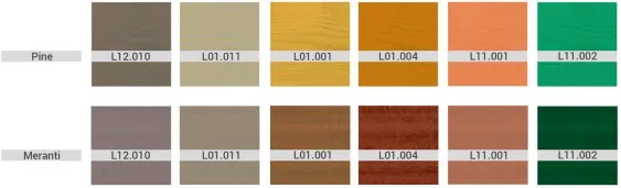 Échantillons de couleurs de bois en pin et meranti, avec codes de référence pour chaque teinte.