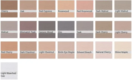 Palette de couleurs de bois avec différentes teintes comme le cerisier, le chêne, l’acajou et le frêne pour le design intérieur.