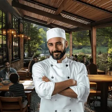 Chef souriant en cuisine extérieure, entouré d’invités dans un restaurant au cadre verdoyant et convivial.