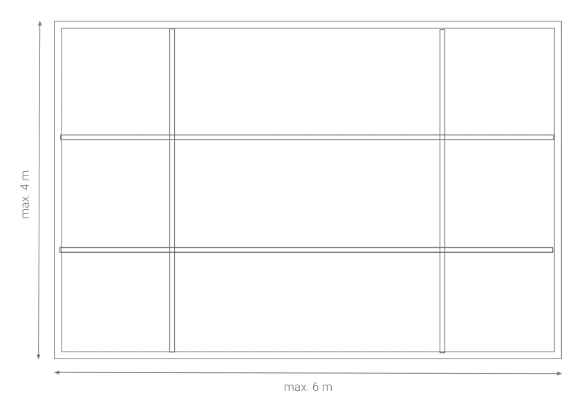 Schéma d’une structure rectangulaire mesurant 6 mètres de large sur 4 mètres de haut, avec des lignes de séparation.