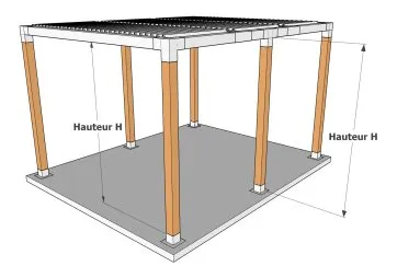 Schéma d’une structure sur pilotis avec des colonnes et des mesures de hauteur H, illustrant un design architectural simple.