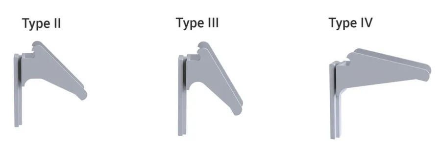 Image montrant trois types de supports en métal : Type II, Type III et Type IV, chacun avec un design distinct.