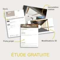 Image présentant des documents de projet incluant un devis, une fiche projet et des modélisations 3D pour une étude gratuite.